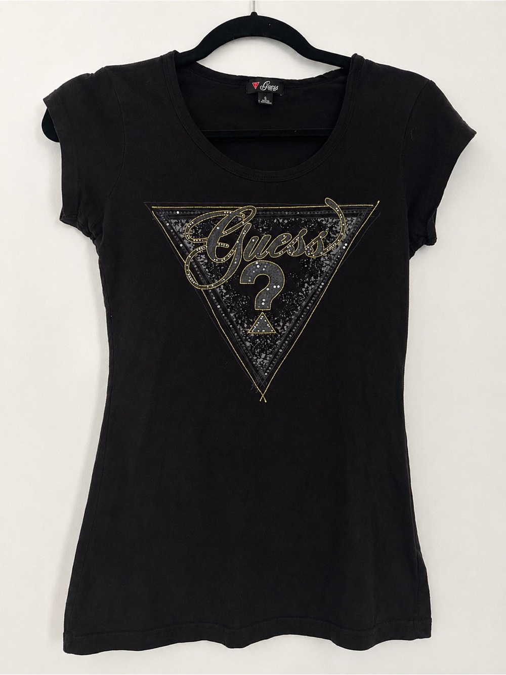 Vintage Y2K GUESS Black Tee - Rhinestone Triangle Logo- Small